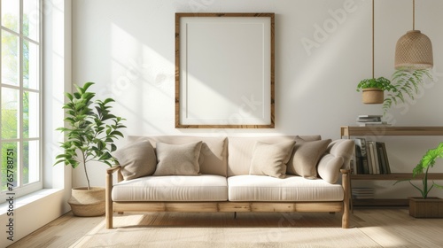 interior design of modern living room with beige fabric sofa and cushions. White wall with frame and space for text, living, furniture. © pinkrabbit