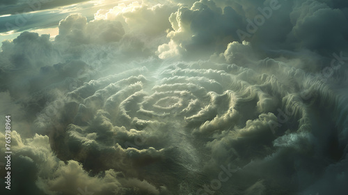 A labyrinth of cloud paths leading in all directions, with a lost figure wandering aimlessly at its center photo