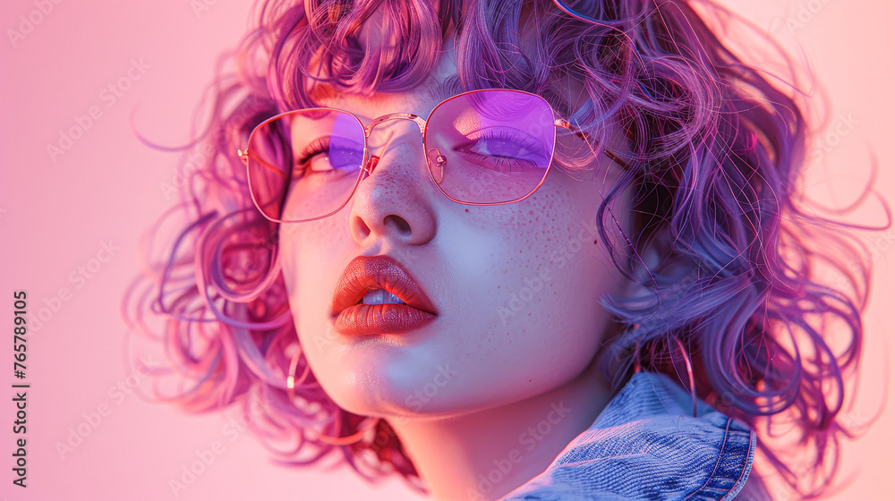 Obraz premium A woman with purple hair and glasses is wearing a red lipstick. The image has a vibrant and playful mood, with the woman's colorful hair and bold makeup choices