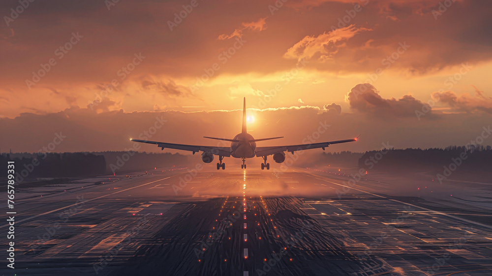A plane is taking off from an airport runway. The sky is cloudy and the sun is setting, creating a beautiful orange and pink sky - obrazy, fototapety, plakaty 