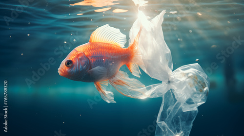 Environmental problems of plastic waste pollution in the ocean. Plastic pollution in the ocean. Plastic bag in the ocean