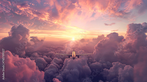 A plane is flying through a cloudy sky with a beautiful sunset in the background. The sky is filled with clouds, and the sun is setting, creating a warm and serene atmosphere