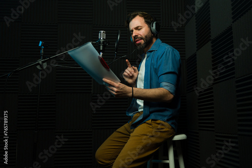 Voice actor recording audio in studio