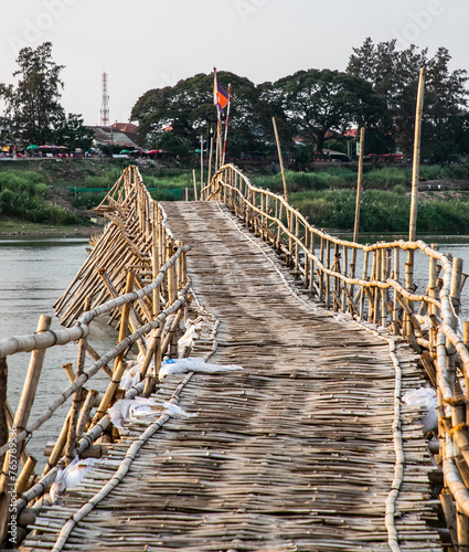 Old traditional bamboo wooden bridge across Mekong river (from Koh Paen island to Kampong Cham), Cambodia