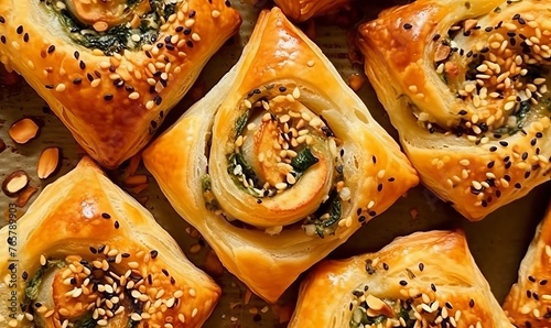 Puff pastry squares filled with potato, cheese, and spinach on a wooden table.top view