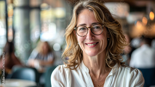 A woman with glasses is smiling at the camera. She is wearing a white shirt and is sitting at a table in a restaurant © Kowit