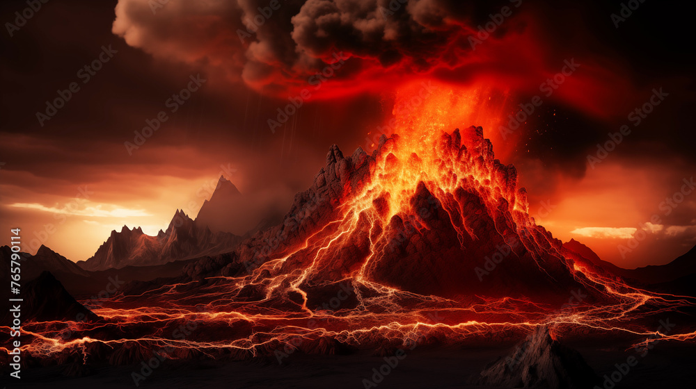 Volcanic eruption. Scenic view of volcanic mountain
