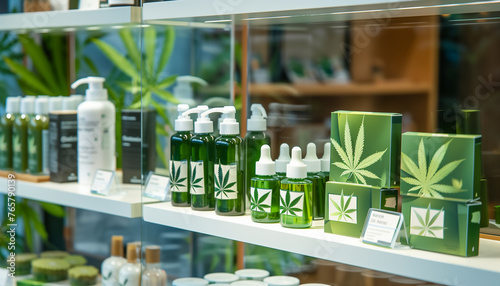 
Cannabis products with the characteristic branding of cannabis leaves on a shelf of dispensary, shop, pharmacy. Medical marijuana and CBD products photo