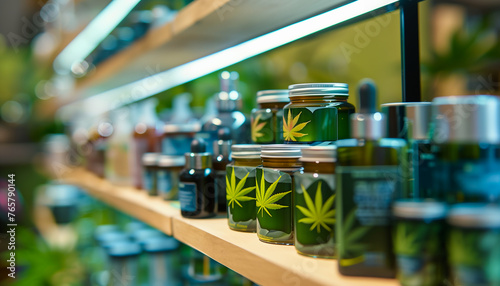 
Cannabis products with the characteristic branding of cannabis leaves on a shelf of dispensary, shop, pharmacy. Medical marijuana and CBD products photo