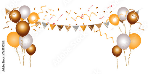 Celebration banner with gold balloons and confetti. Event elements isolated on transparent background.
