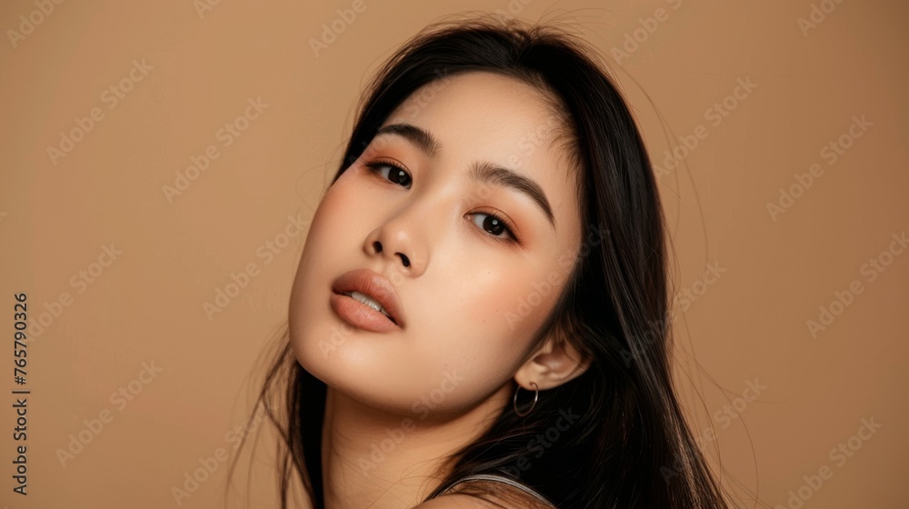 Asian Beauty, Elegant Makeup & Luxury Glamour on Beige Background Asian Beauty, Elegant Makeup & Luxury Glamour on Beige Background