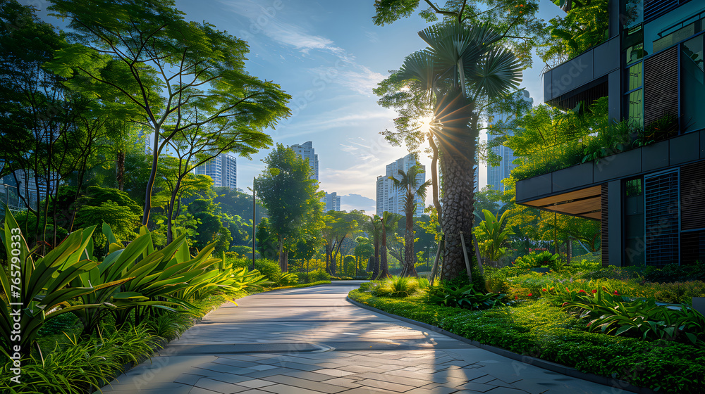 Naklejka premium A walkway in a park leads towards a city skyline with skyscrapers.