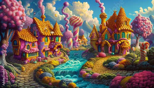 Illustration of a village made of candy and cotton candy, colorful with houses made of confectionery delights and a flowing river photo