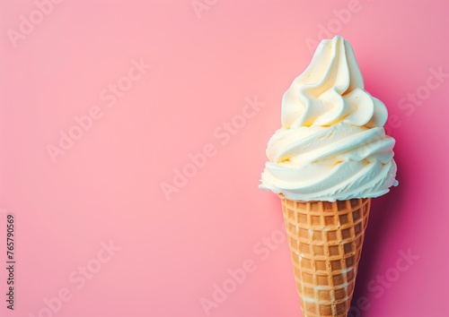 Delicious Vanilla Soft Serve Ice Cream Cone on Pink Background