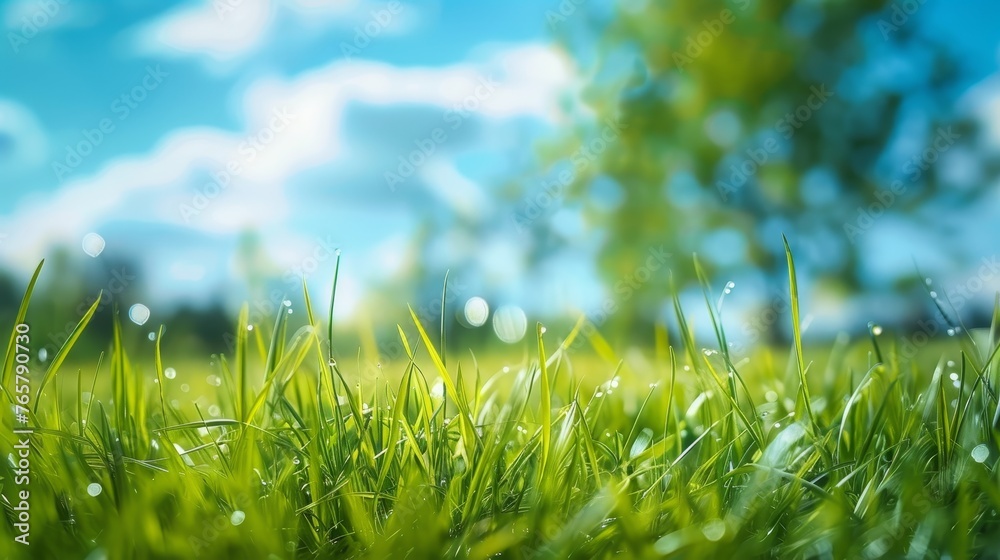Beautiful blurred background green grass under blue skies Beautiful blurred background green grass under blue skies