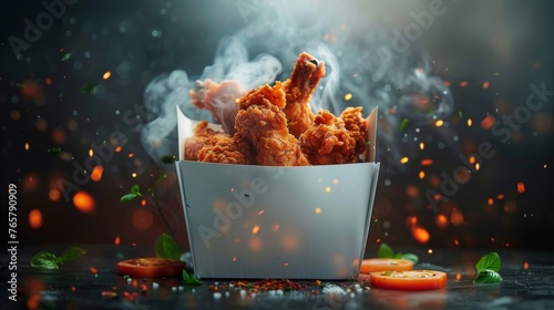 an image of crispy fried chicken pieces explosively popping out of a white takeout box photo