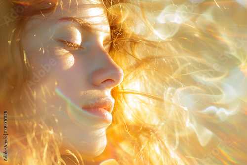 Eine göttliche, schöne Frau mit langen Haaren und geschlossenen Augen im goldenen Sonnenlicht