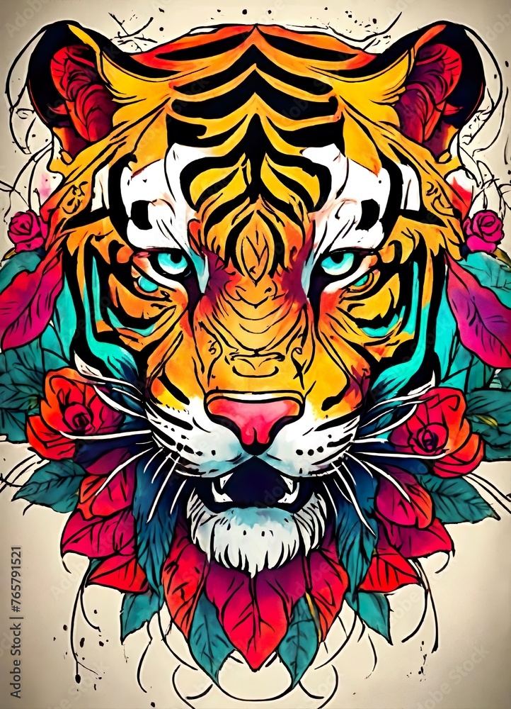a colorful illustration of a tiger with flowers and a tiger