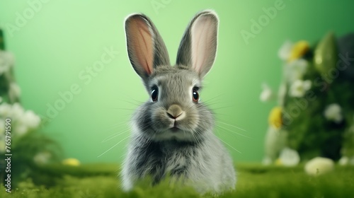 Easter bunny and easter eggs on green background.  © TAMA KUN
