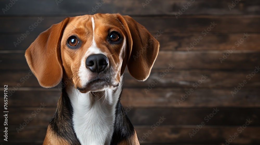 Portrait of cute beagle dog on wooden background