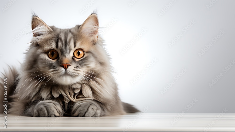 Obraz premium Cute maine coon cat lying on a white background.
