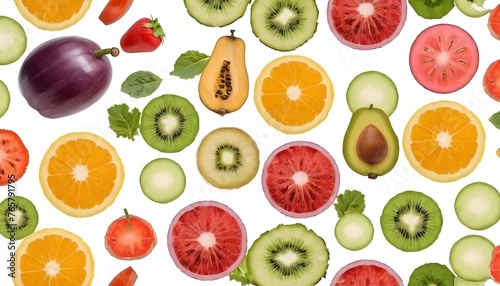 Fresh fruits and vegetables sliced on white background