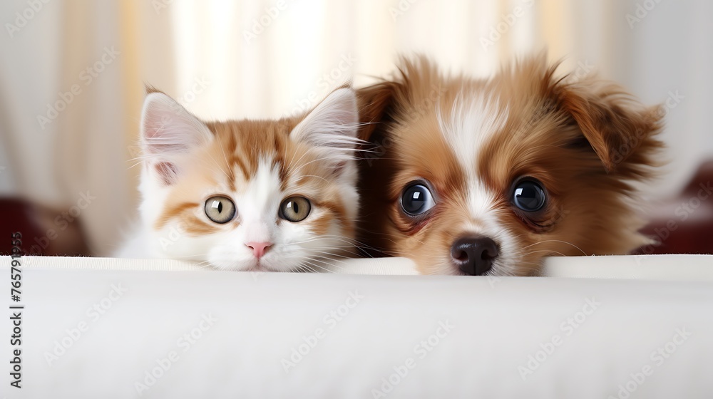 Cute little kittens and chihuahua dog looking at camera