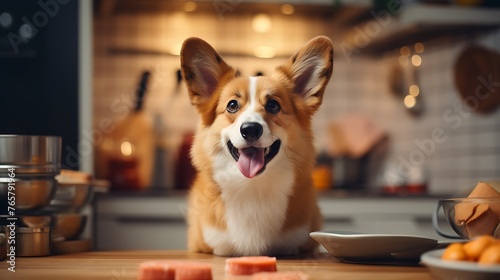 Cute welsh corgi pembroke dog in the kitchen