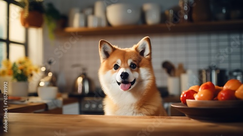Cute shiba inu dog sitting in the kitchen at home. 