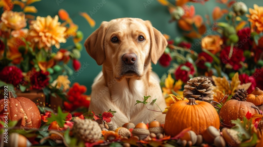 A dog is laying on a table with fall leaves and pumpkins A dog is laying on a table with fall leaves and pumpkins