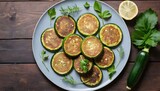 fried zucchini in circles with olive oil and basil in a plate