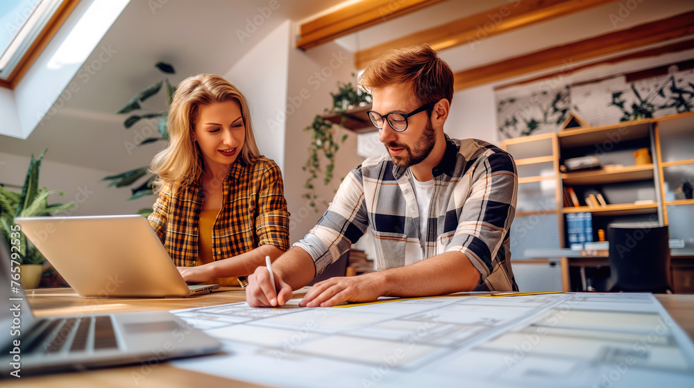 Collaborative Workspace, Man and Woman Professionals Working Together in Creative Office, Generative AI Collaborative Workspace, Man and Woman Professionals Working Together in Creative Office, Generative AI