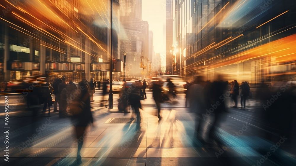 Illustrate the hustle and bustle of a busy modern life during the morning rush hour through motion blur 