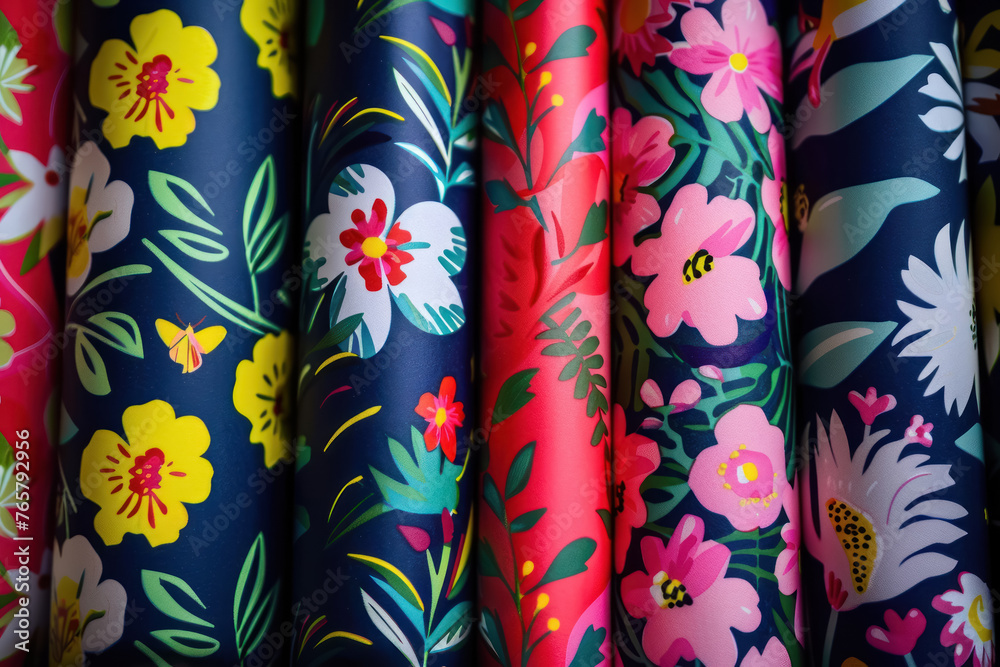 close up of assorted floral wrapping paper rolls with detailed patterns close up of assorted floral wrapping paper rolls with detailed patterns