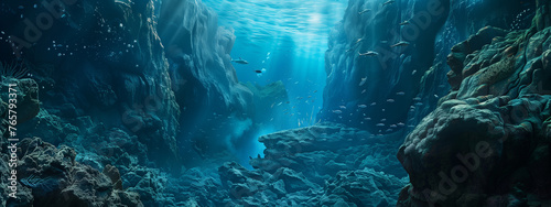 Sunlit Underwater Gorge with Fish and Scuba Divers