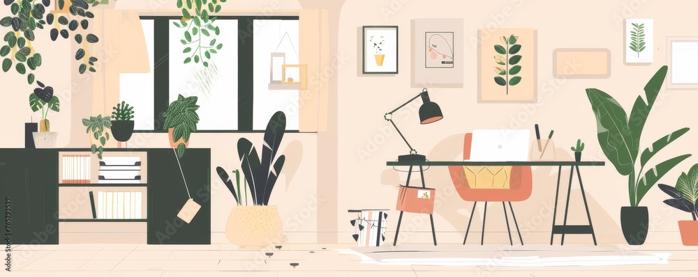 Fototapeta premium A drawing of a desk with a chair and a potted plant