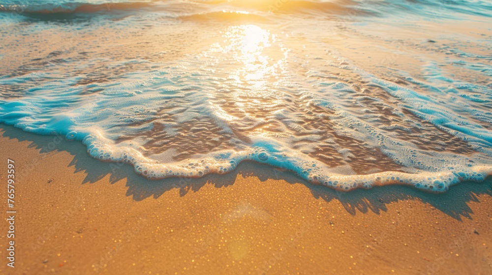 Closeup sea sand beach. Panoramic beach landscape. Inspire tropical beach seascape horizon. Orange and golden sunset sky calmness 
