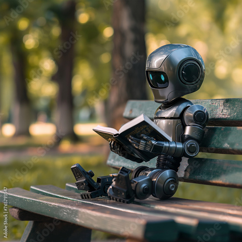 litlle robot sits on a bench and reads a book in a park. Close up image, future tehnology
