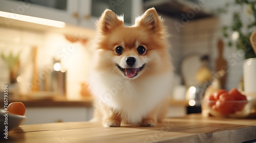 Cute Pomeranian dog standing on table in kitchen at home