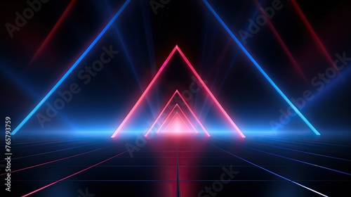 Abstract beautifull neon background with glowing lines, empty room interior design. Abstract geometric shapes, blue and red lights