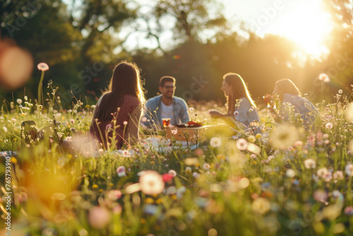 Joyful Picnic with Friends: Outdoor Leisure in Sun-Drenched Meadow