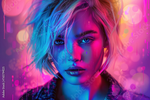 futuristic portrait of a woman with vibrant neon lights and digital glitches
