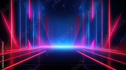 Abstract beautifull neon background with glowing lines  empty room interior design. Abstract geometric shapes  blue and red lights