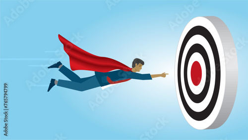 Man, superhero aiming to bulls eye on dartboard. Goals and motivation. Dimension 16:9. Vector illustration.