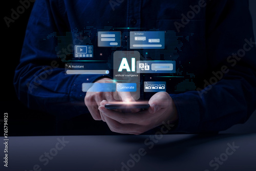 Artificial Intelligence and mobile technology concept. Man using AI Phone for Generative Edit, Live Translate, Circle to Search, Chatbot assistant conversation. generative AI. innovation. smartphone.