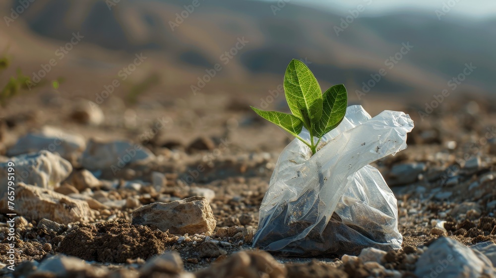 Green plant growing inside plastic bag Green plant growing inside plastic bag