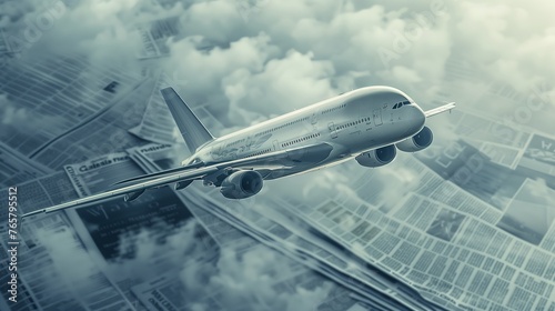 a picture showing the latest aviation news and events, make an airbus a380 fly through the front of a newspaper, ultra real photograph --ar 16:9 Job ID: 5eec5665-4b51-47b7-a940-c45c7fc9ab6b