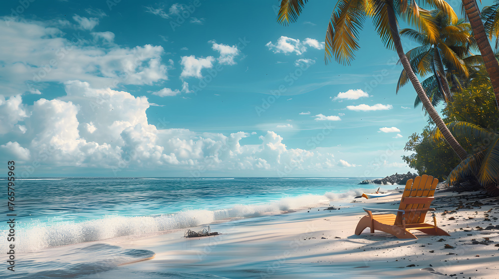 Fototapeta premium A serene beach scene with lounge chairs, palm trees, and a blue sky with clouds.