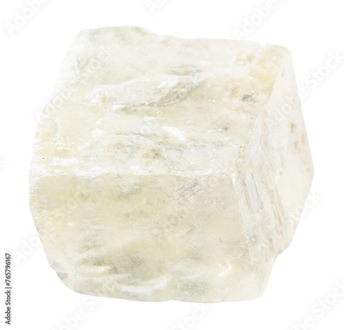 close up of sample of natural stone from geological collection - unpolished colorless calcite mineral rhomb isolated on white background