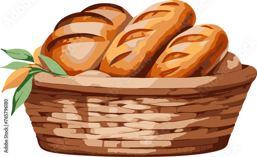 Watercolor style delicious fresh bread in wooden basket cartoon, isolated illustration svg, graphic design element for picnic food, bakery, breakfast essentials, recipe, bread clipart, health © Anchalee